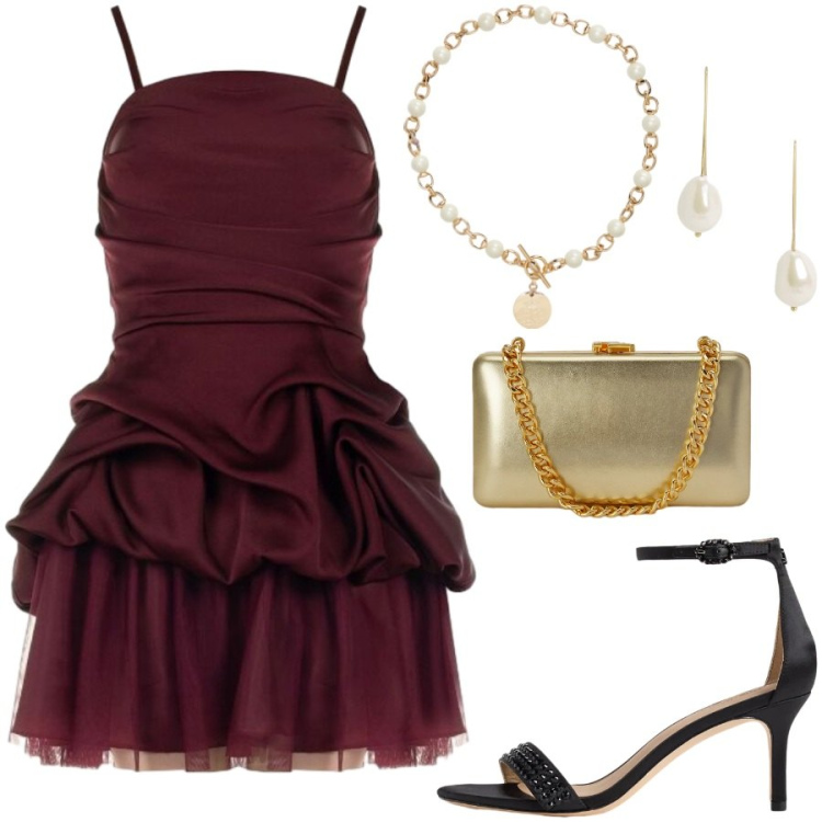 Outfit donna - Festa di laurea. Stile Glamour per Serata fuori. Abbinamento con vestiti corti, collane, clutch, orecchini, sandali col tacco.