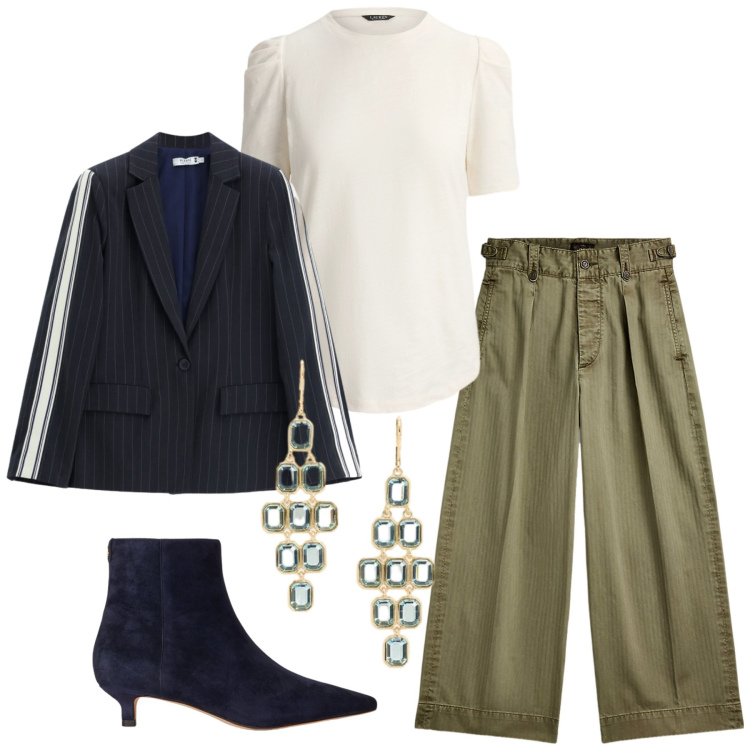 Outfit donna - Total look #2459408. Stile Glamour per Serata fuori. Abbinamento con blazer, pantaloni, t-shirt, orecchini, stivaletti.