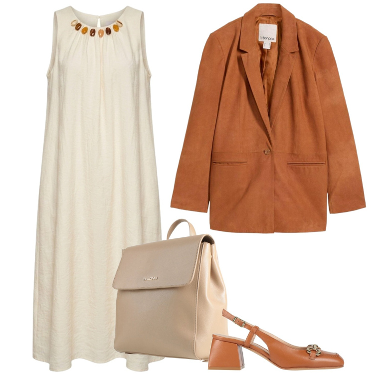 Outfit donna - Cambio stagione-ufficio/pranzi/aperitivi. Stile Casual chic per Ufficio. Abbinamento con zaini, décolleté, blazer, vestiti midi/longuette.