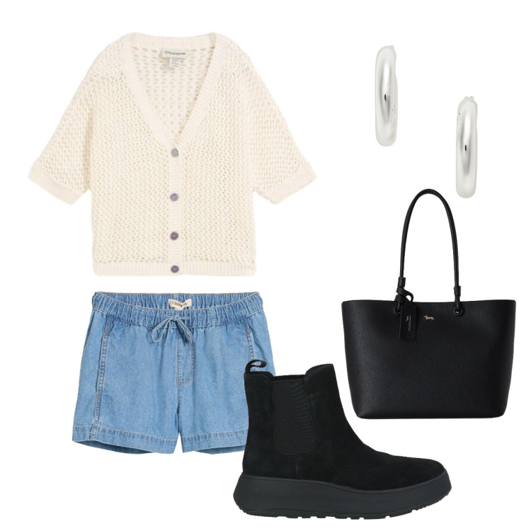 Outfit donna - Leggera e comoda. Stile Basic per Tutti i giorni. Abbinamento con stivaletti chelsea, cardigans, shorts, shopping bag, orecchini.
