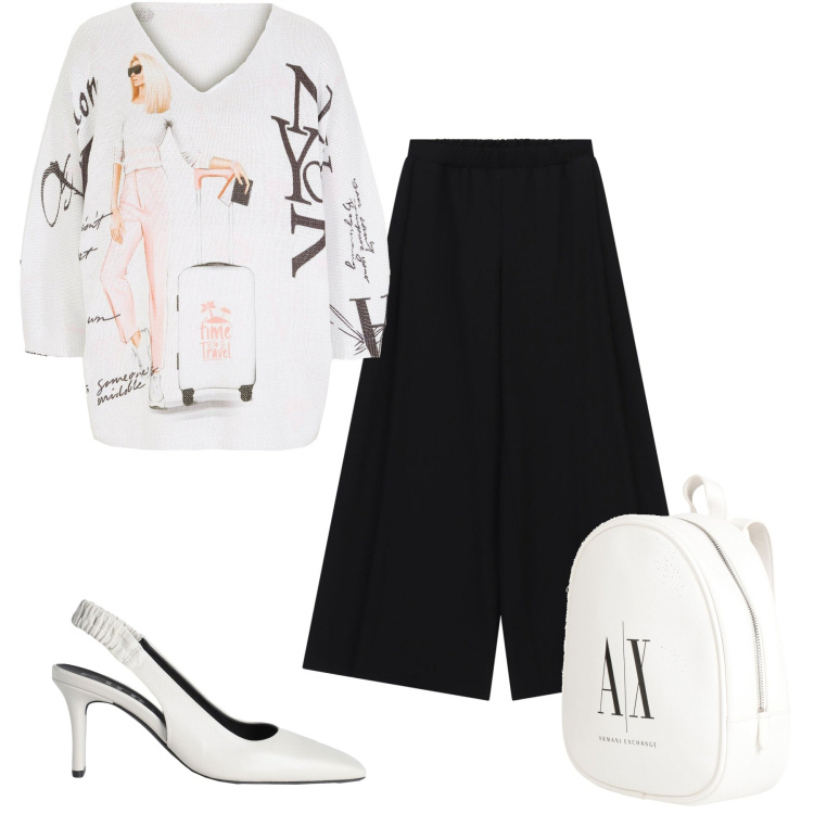 Outfit donna - Urban chic Minimal - versatile. Stile Trendy per Ufficio. Abbinamento con zaini, décolleté, maglieria, pantaloni a palazzo.