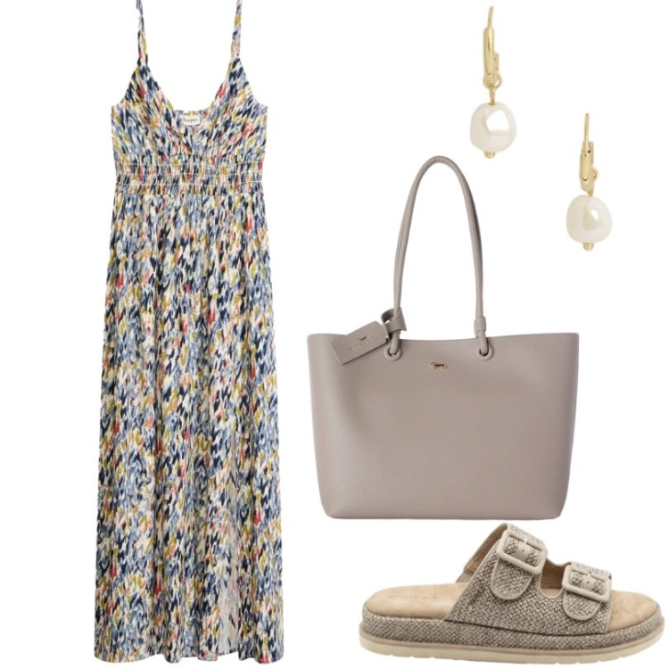 Outfit donna - rilassata. Stile Casual per Tutti i giorni. Abbinamento con vestiti lunghi, ciabatte, shopping bag, orecchini.