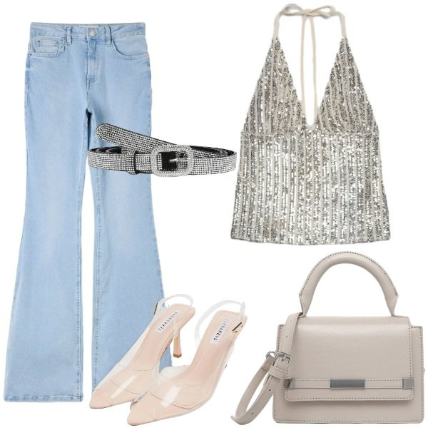 Outfit donna - Total look #2459446. Stile Glamour per Serata fuori. Abbinamento con top, jeans a zampa, cinture, borse a tracolla, sandali col tacco.