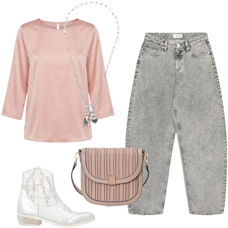 Outfit donna - Aperitivi/tempo libero. Stile Trendy per Tutti i giorni. Abbinamento con stivaletti texani, jeans, borse a tracolla, ciondoli, bluse.