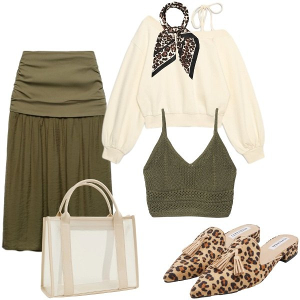 Outfit donna - Total look #2459449. Stile Trendy per Tutti i giorni. Abbinamento con gonne longuette, felpe, borse tote, sabot, canottiere, foulard.