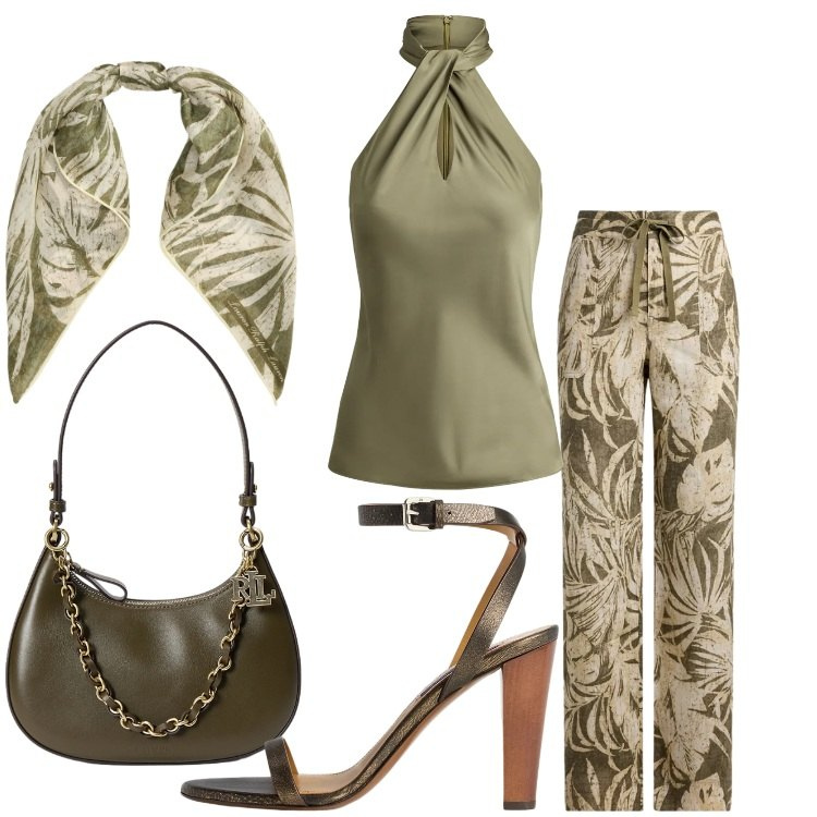 Outfit donna - Naturale in vacanza - Focus Donna Curvy. Stile Etnico per Serata fuori. Abbinamento con sandali col tacco, pantaloni, foulard, bluse, borse a spalla.
