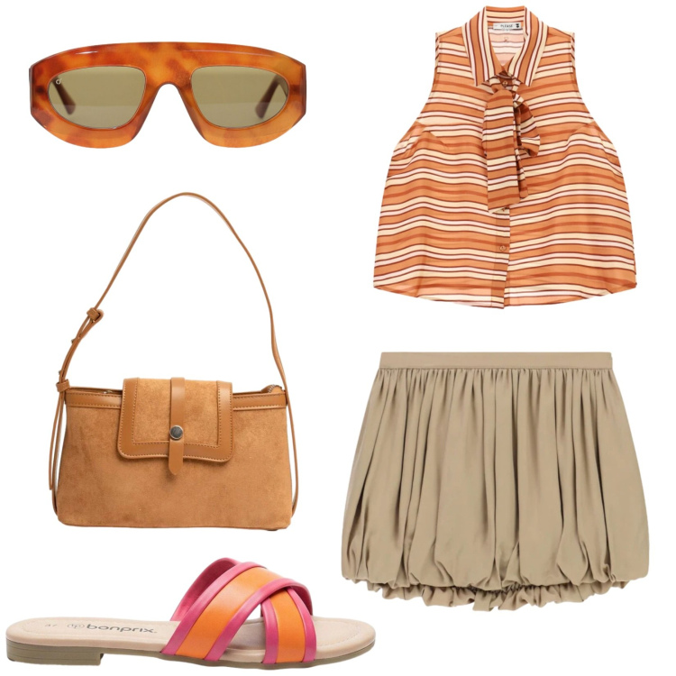 Outfit donna - Total look #2459461. Stile Casual chic per Tutti i giorni. Abbinamento con ciabatte, minigonne, occhiali da sole, top, borse a tracolla.
