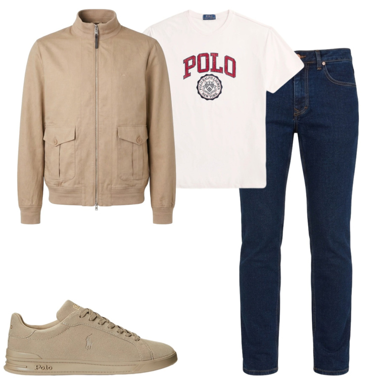 Outfit uomo - City. Stile Casual per Tutti i giorni. Abbinamento con jeans, bomber, sneakers, t-shirt.