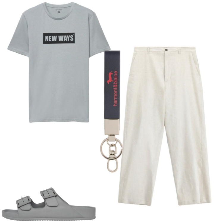 Outfit uomo - Total look #2459465. Stile Casual per Tutti i giorni. Abbinamento con portachiavi, pantaloni, t-shirt, sandali.