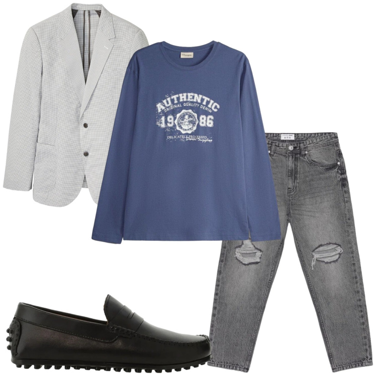 Outfit uomo - Total look #2459470. Stile Casual per Tutti i giorni. Abbinamento con giacche, t-shirt, scarpe stringate, jeans strappati.