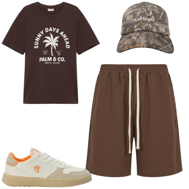 Outfit uomo - Agosto. Stile Casual per Tutti i giorni. Abbinamento con t-shirt, sneakers, cappelli con visiera, pantaloni corti.