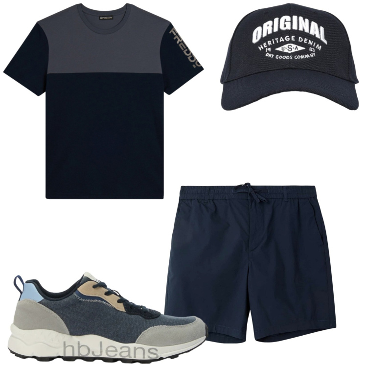 Outfit uomo - Total look #2459480. Stile Casual per Tutti i giorni. Abbinamento con sneakers, pantaloni corti, cappelli con visiera, t-shirt.