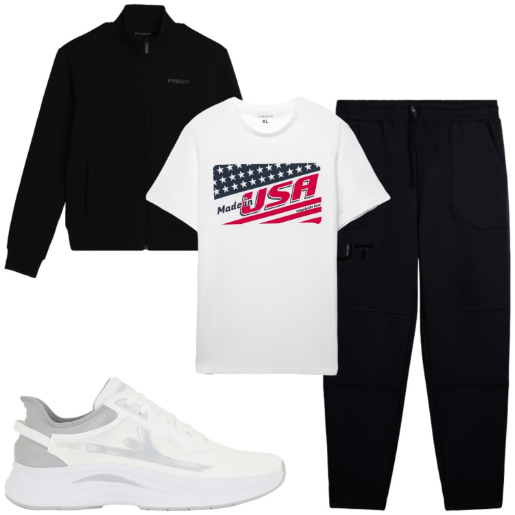 Outfit uomo - Total look #2459482. Stile Urban per Sport. Abbinamento con t-shirt, felpe, pantaloni, sneakers.