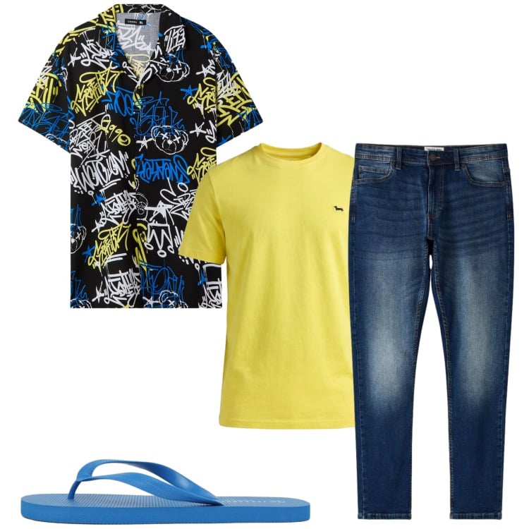 Outfit uomo - Total look #2459484. Stile Trendy per Mare. Abbinamento con t-shirt, camicie a manica corta, sandali, jeans skinny.