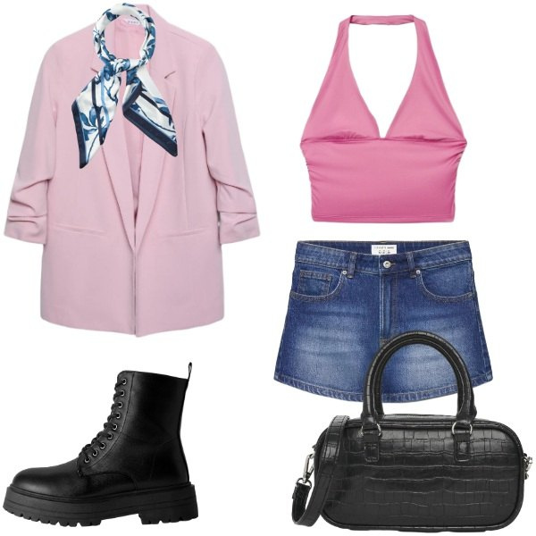 Outfit donna - Total look #2459486. Stile Glamour per Serata fuori. Abbinamento con anfibi, shorts, borse a tracolla, blazer, top, foulard.