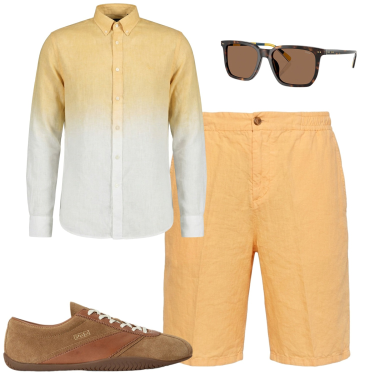Outfit uomo - Agosto. Stile Casual per Tutti i giorni. Abbinamento con bermuda, camicie, occhiali da sole, sneakers.