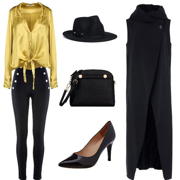 Outfit donna - Al lavoro di venerdì. Stile Trendy per Ufficio. Abbinamento con leggings, soprabito collo alto interno sfoderato in flanella tinta unita, camicia senza tasche a maniche lunghe con laccetti in viscosa tinta unita, scarpe con tacco nero, cappello nero, borsa a tracolla.