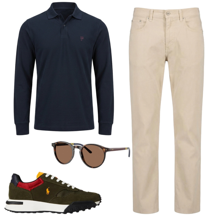 Outfit uomo - City. Stile Casual per Tutti i giorni. Abbinamento con pantaloni, polo, occhiali da sole, sneakers.