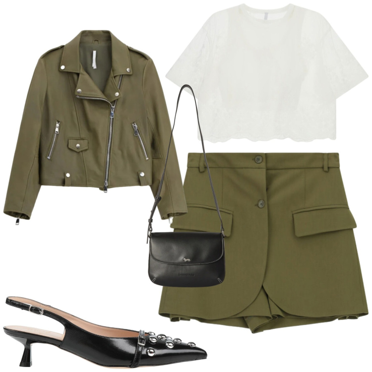 Outfit donna - City. Stile Casual chic per Tutti i giorni. Abbinamento con décolleté, borse a tracolla, shorts, t-shirt, giacche.