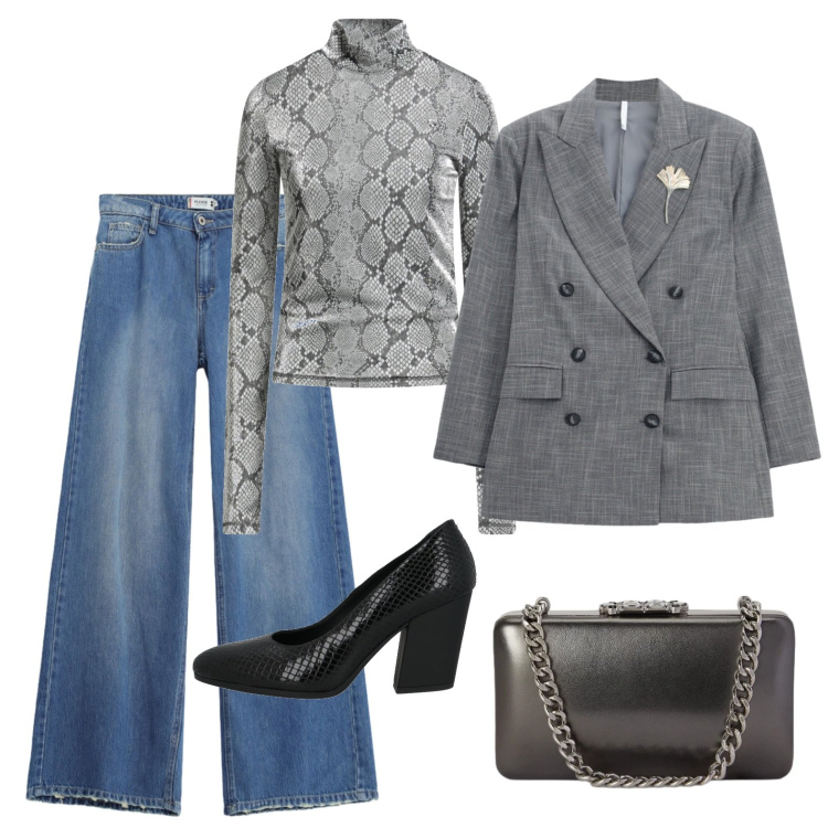 Outfit donna - Un blazer di classe. Stile Trendy per Ufficio. Abbinamento con décolleté, top, blazer, jeans dritti, clutch.
