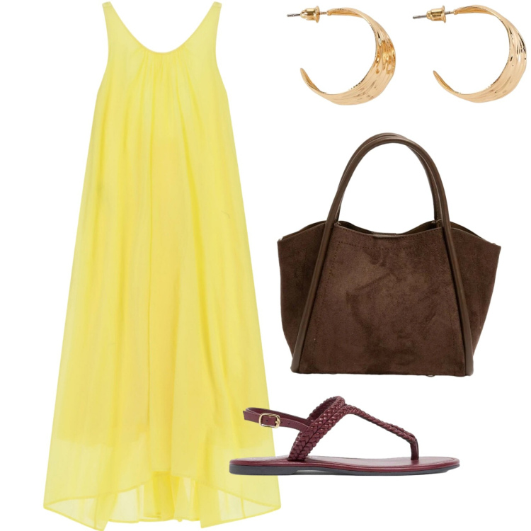 Outfit donna - Ancora caldo. per Tutti i giorni. Abbinamento con ciabatte, orecchini, vestiti lunghi, borse a spalla.