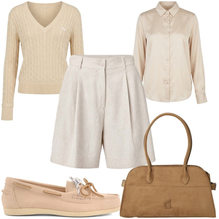 Outfit donna - Oroscopo La Vergine - estate minimal. Stile Minimal per Ufficio. Abbinamento con pullovers, borse a spalla, shorts, camicie, mocassini.