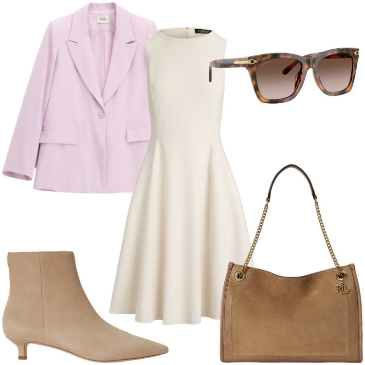 Outfit donna - Oroscopo La Vergine - beige. Stile Casual per Tutti i giorni. Abbinamento con blazer, vestiti midi/longuette, stivaletti, occhiali da sole, borse tote.