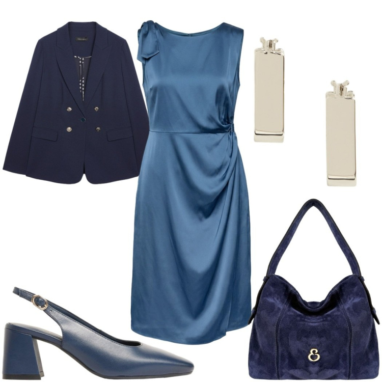 Outfit donna - Oroscopo La Vergine - rigorosamente blu. Stile Glamour per Cerimonia. Abbinamento con décolleté, vestiti midi/longuette, blazer, borse a spalla, orecchini.