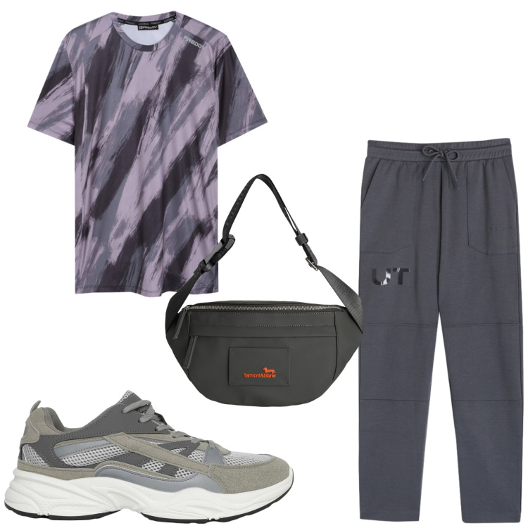 Outfit uomo - Total look #2459517. Stile Urban per Sport. Abbinamento con borse sportive, sneakers, pantaloni, t-shirt.