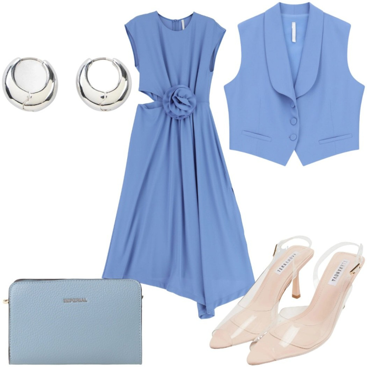 Outfit donna - Cena vista mare - azzurro. Stile Trendy per Serata fuori. Abbinamento con orecchini, sandali col tacco, vestiti midi/longuette, gilet, borse a tracolla.