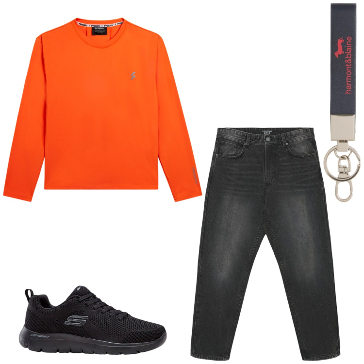 Outfit uomo - Total look #2459523. Stile Urban per Tutti i giorni. Abbinamento con sneakers, portachiavi, jeans, t-shirt.