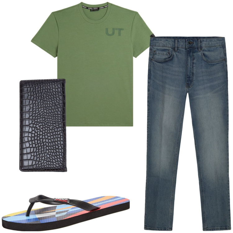 Outfit uomo - Total look #2459530. Stile Casual per Mare. Abbinamento con sandali, portafogli, jeans, t-shirt.