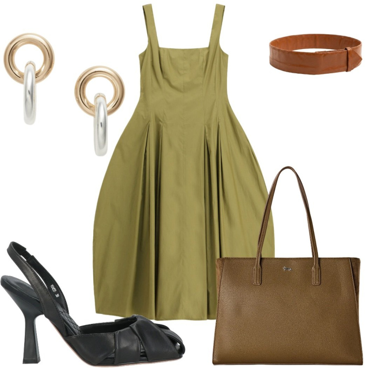 Outfit donna - Cena vista mare - colori naturali. Stile Trendy per Serata fuori. Abbinamento con décolleté, shopping bag, vestiti midi/longuette, cinture, orecchini.