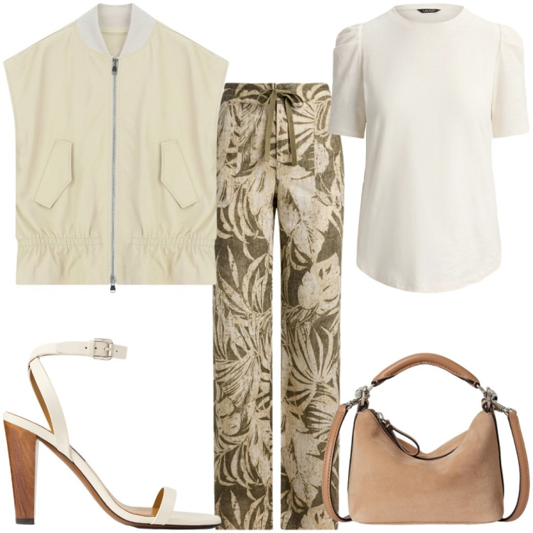 Outfit donna - Cena vista mare - tra amiche. Stile Trendy per Serata fuori. Abbinamento con gilet, pantaloni, t-shirt, borse a spalla, sandali in pelle.