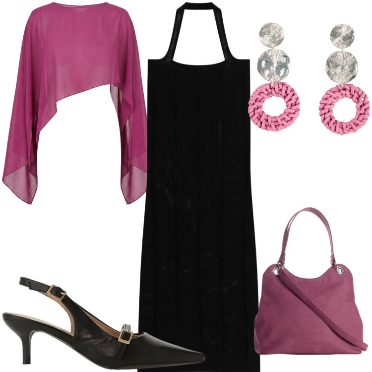 Outfit donna - Cena vista mare - viola glamour. Stile Glamour per Serata fuori. Abbinamento con borse a mano, orecchini, vestiti midi/longuette, sandali col tacco, top.