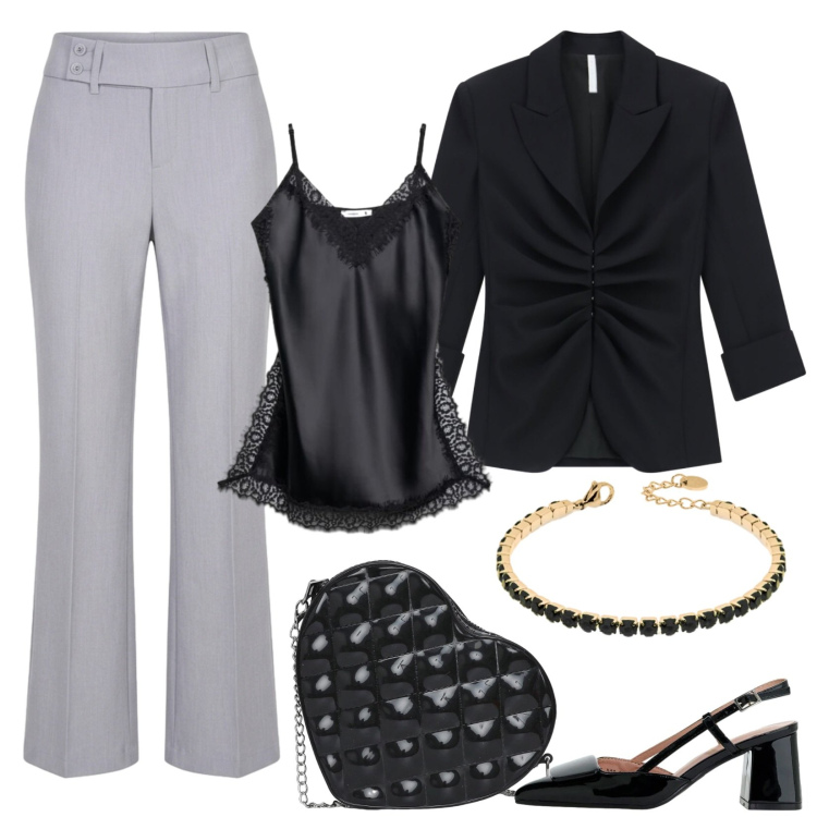 Outfit donna - Grigio e nero per l\'autunno. Stile Chic per Serata fuori. Abbinamento con blazer, décolleté, pantaloni, top, borse a tracolla, braccialetti.