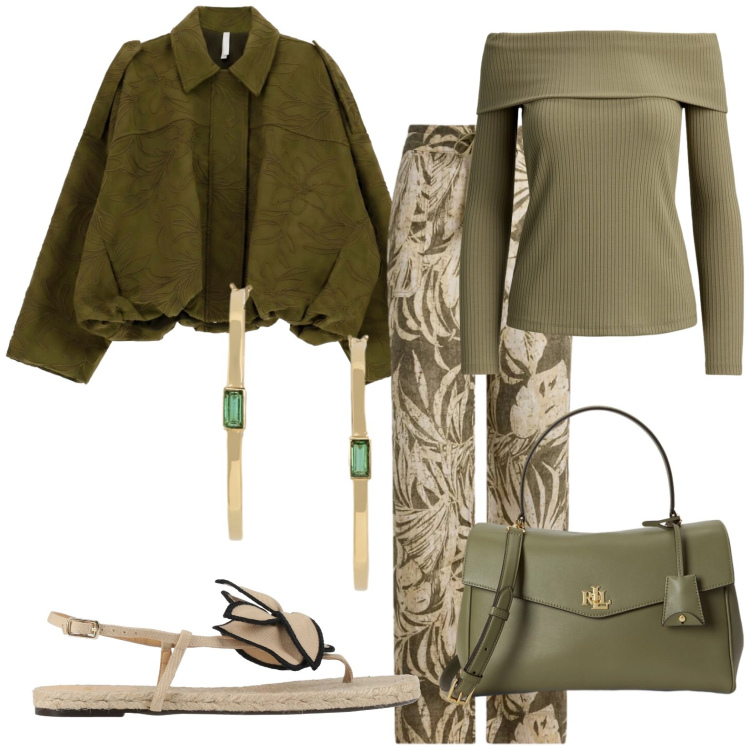 Outfit donna - Passeggio. Stile Casual chic per Tutti i giorni. Abbinamento con espadrillas, bomber, pantaloni, borse a mano, orecchini, t-shirt.