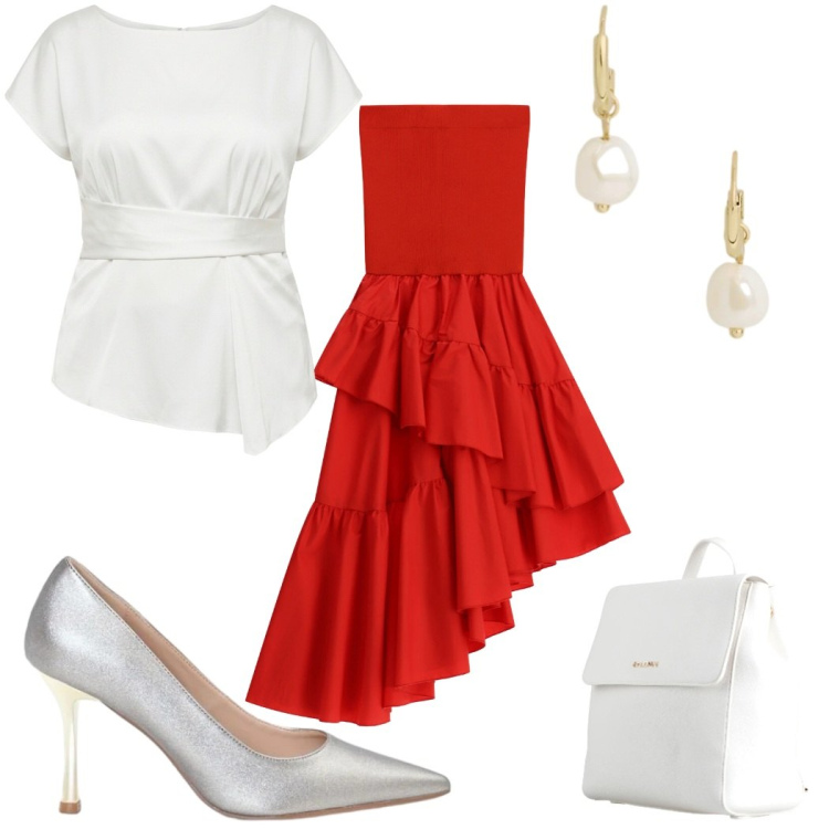 Outfit donna - Cena vista mare - gonna glamour. Stile Glamour per Serata fuori. Abbinamento con zaini, gonne lunghe, bluse, décolleté, orecchini.