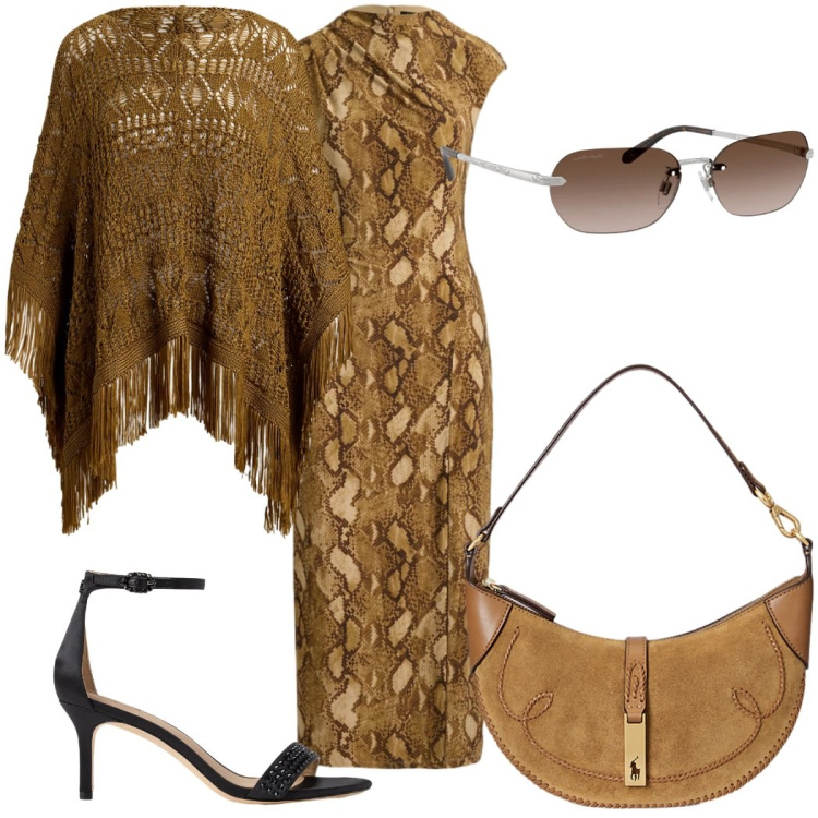 Outfit donna - Cena vista mare - animalier. Stile Trendy per Serata fuori. Abbinamento con borse a spalla, vestiti midi/longuette, cappotti, occhiali da sole, sandali col tacco.
