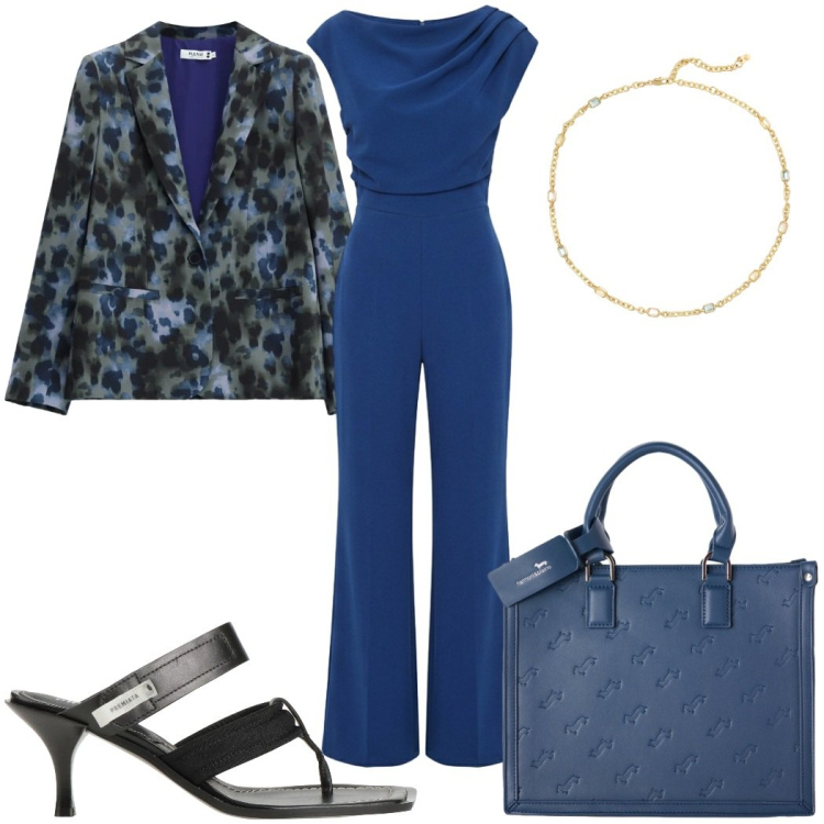 Outfit donna - Cena vista mare - la tuta. Stile Trendy per Serata fuori. Abbinamento con ciabatte, borse a mano, tute, blazer, collane.