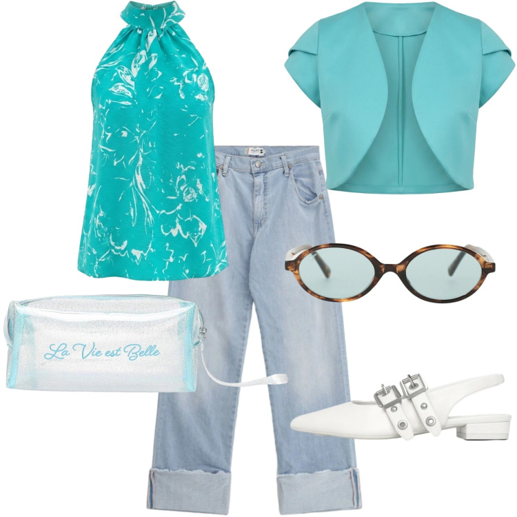 Outfit donna - Casual e chic. Stile Casual chic per Tutti i giorni. Abbinamento con ballerine, valigie, jeans dritti, occhiali da sole, blazer, top.