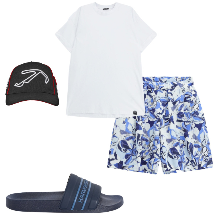 Outfit uomo - Ultimi giorni di vacanza. Stile Casual per Mare. Abbinamento con sandali, bermuda, t-shirt, cappelli con visiera.