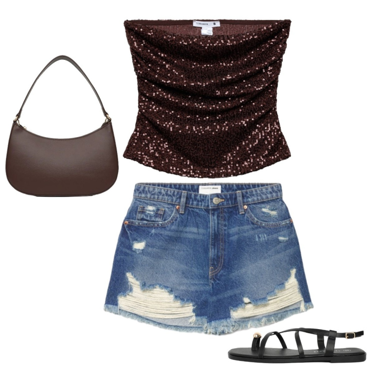 Outfit donna - 🤎. Stile Casual per Serata fuori. Abbinamento con shorts, top, sandali, borse a tracolla.