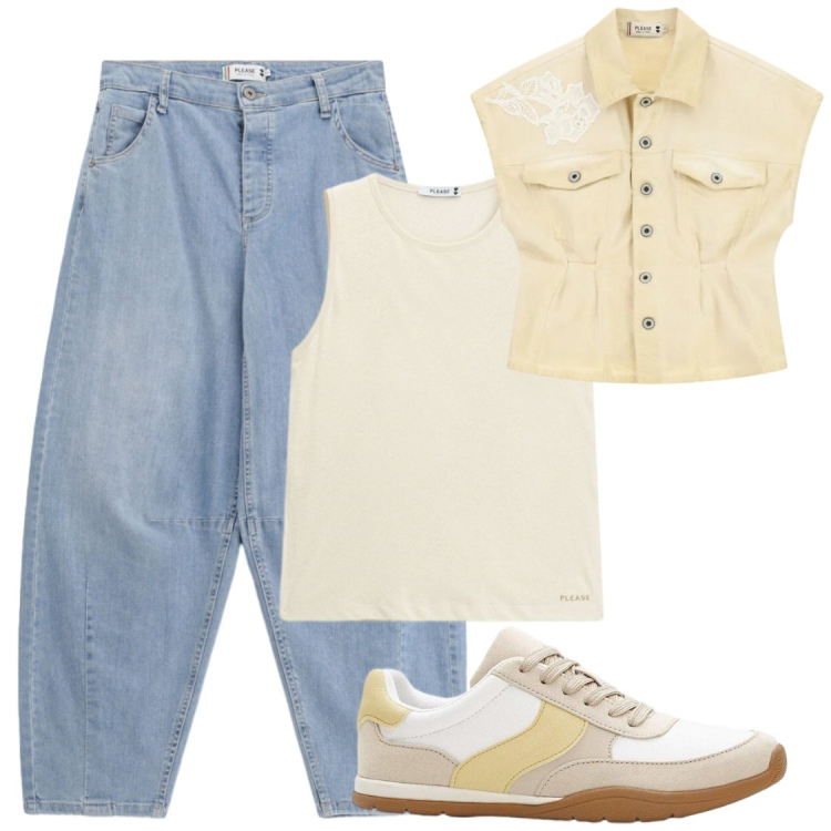 Outfit donna - Fine estate 2026. Stile Casual chic per Tutti i giorni. Abbinamento con sneakers, top, jeans, blazer.