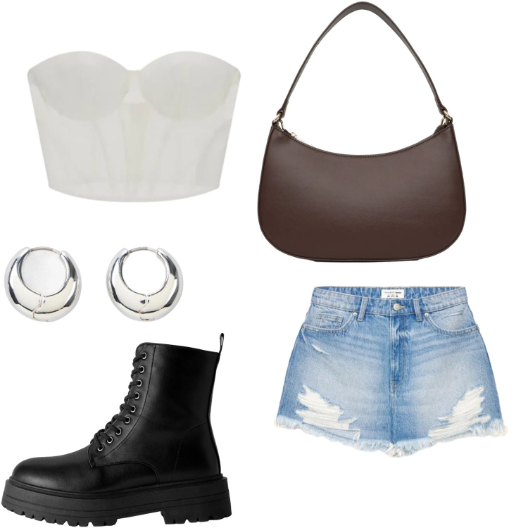 Outfit donna - Uscita con le amiche. per Serata fuori. Abbinamento con orecchini, anfibi, shorts, borse a tracolla, top.