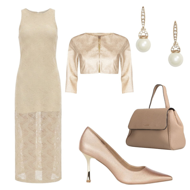 Outfit donna - Mare dorato. Stile Sexy per Serata fuori. Abbinamento con zaini, vestiti midi/longuette, bolero, décolleté, orecchini.