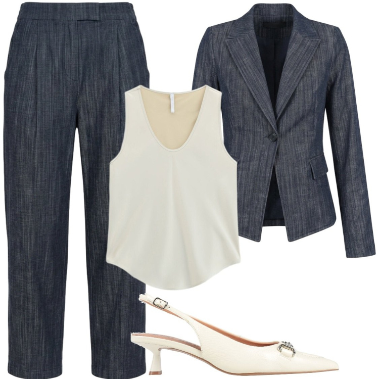 Outfit donna - Completo effetto denim. Stile Chic per Ufficio. Abbinamento con décolleté, canottiere, blazer, jeans.