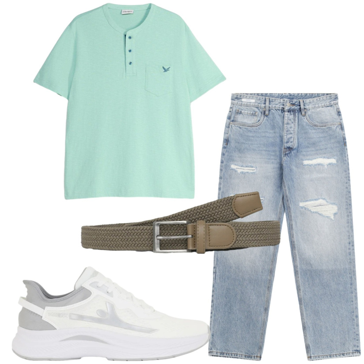 Outfit uomo - Total look #2459571. Stile Casual per Tutti i giorni. Abbinamento con t-shirt, jeans strappati, cinture, sneakers.