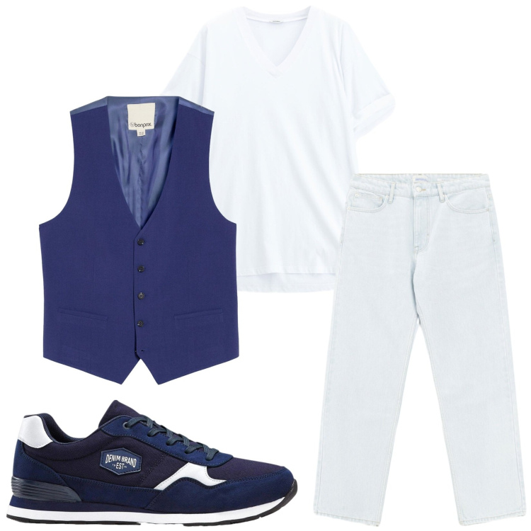 Outfit uomo - Total look #2459573. Stile Trendy per Serata speciale. Abbinamento con sneakers, gilet, jeans, t-shirt.