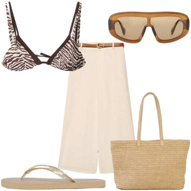 Outfit donna - Naturale in vacanza - avventura!. Stile Trendy per Mare. Abbinamento con shopping bag, occhiali da sole, pantaloni a palazzo, infradito, bikini.